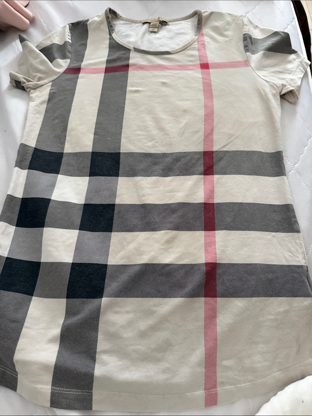 Burberry Short Sleeve Plaid Tee in Cream, Gray & Pink
